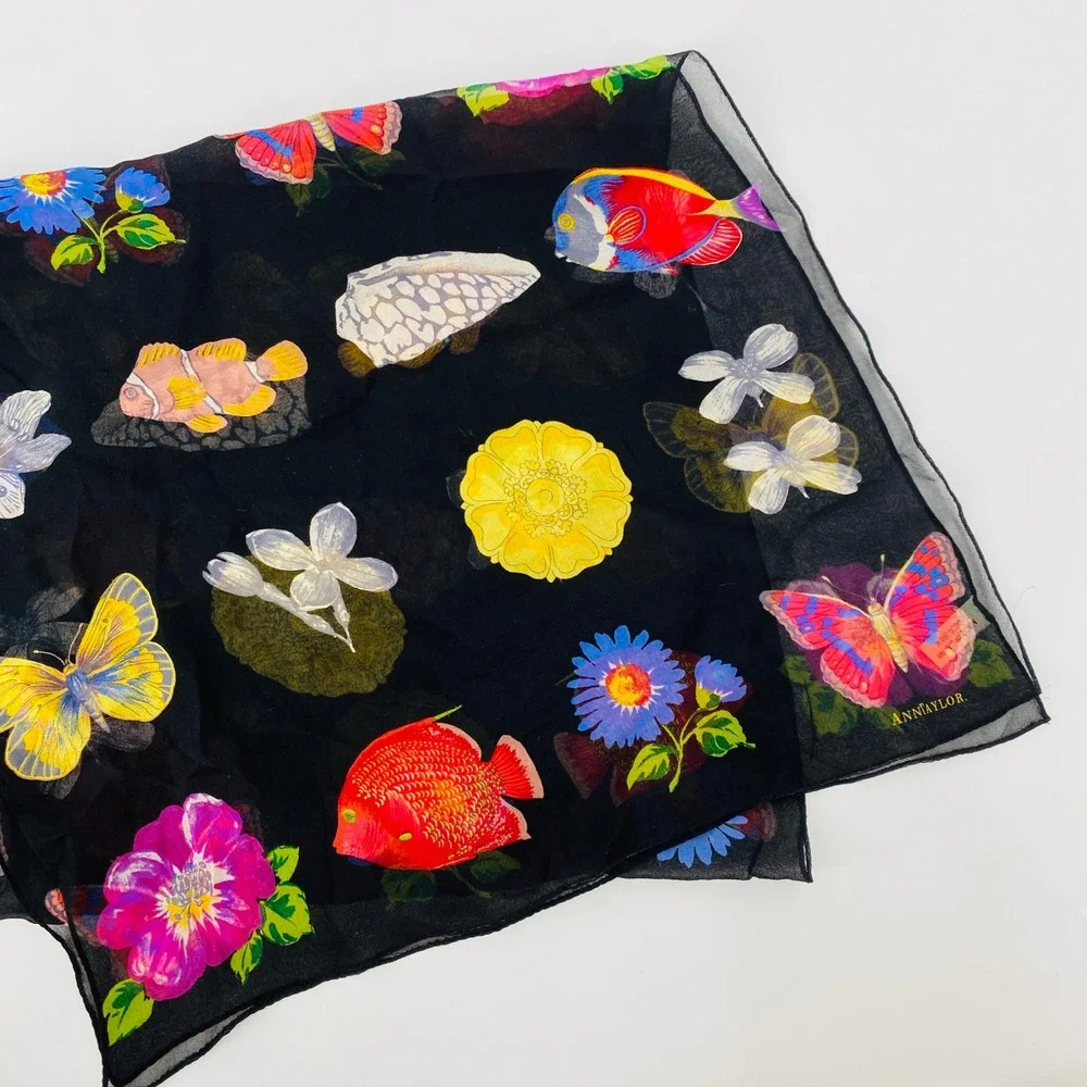 Vintage Ann Taylor Scarf Women Black Silk Tropical Fish Butterfly Floral Sheer